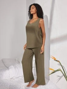 Ocili Haut De Maison Pour Femme Avec Col Rond Et Couleur Unie - Militaire verte - Voir 6
