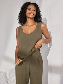 Ocili Haut De Maison Pour Femme Avec Col Rond Et Couleur Unie - Militaire verte - Voir 3