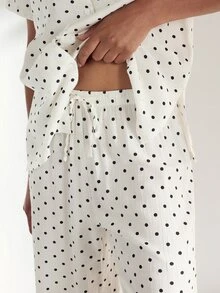 Ocili 女款休閒舒適亞麻軟質簡約睡衣套裝，翻領領口、前開鈕扣式長褲家居服 - 黑與白 - 查看 4