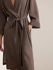 Ocili Comfortable Natural Linen Striped Women's Loungewear Robe - Black - View 6