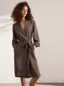 Ocili Comfortable Natural Linen Striped Women's Loungewear Robe - Black - View 5