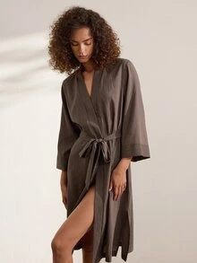 Ocili Comfortable Natural Linen Striped Women's Loungewear Robe - Black - View 8