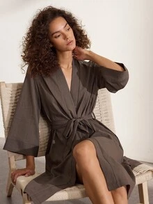 Ocili Comfortable Natural Linen Striped Women's Loungewear Robe - Black - View 2