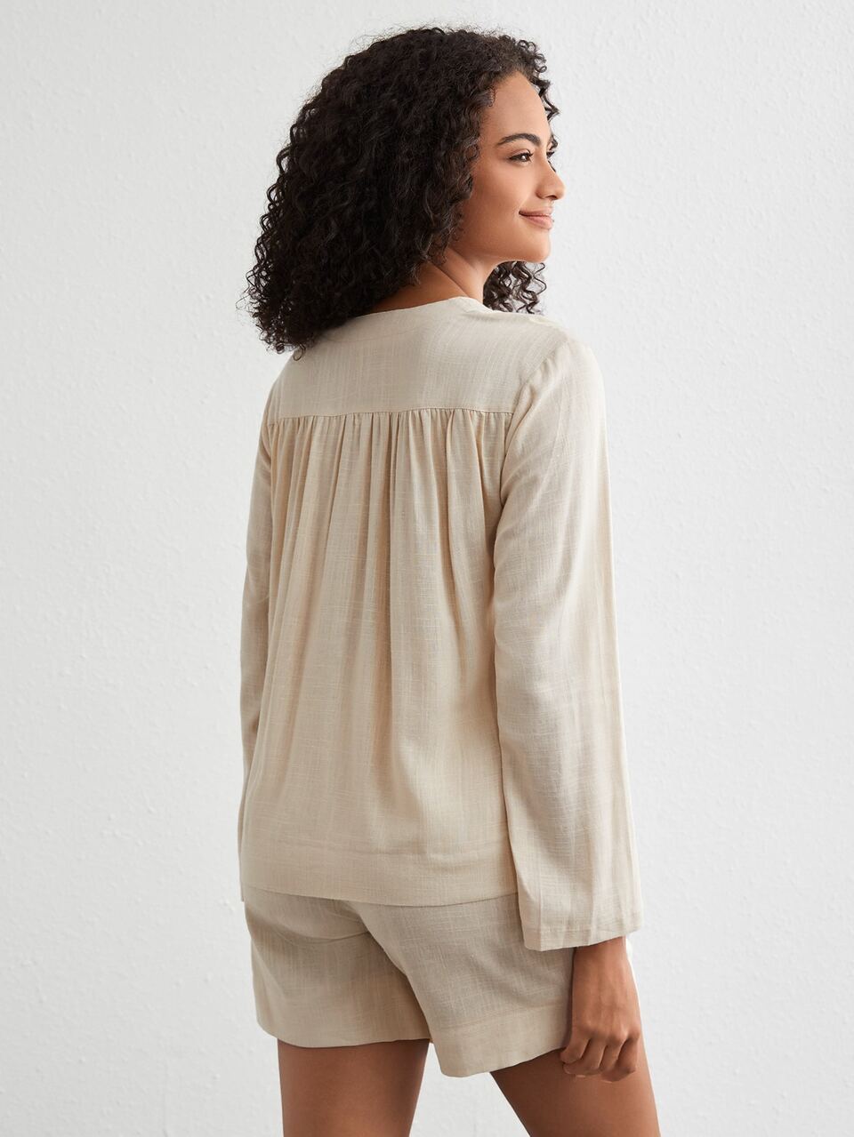 Leisure Natural Linen Women's V-Neck Single Breasted Long Sleeve Top And Shorts Casual Home Wear Set-Khaki
