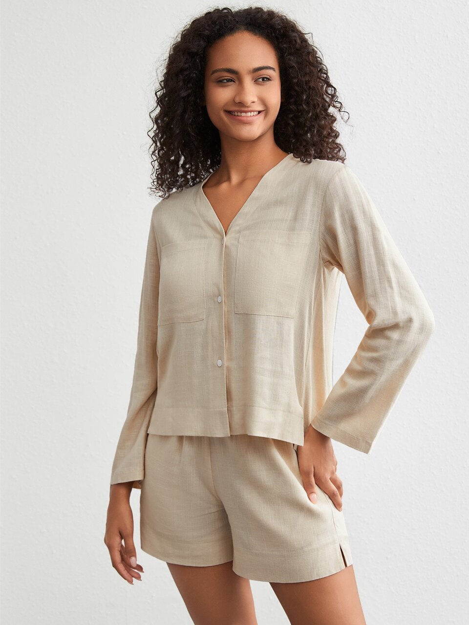 Leisure Natural Linen Women's V-Neck Single Breasted Long Sleeve Top And Shorts Casual Home Wear Set-Khaki
