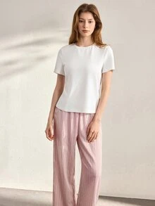 Ocili 女士纯棉舒适T恤和柔软亚麻裤睡衣套装 - 粉色 - 查看 2
