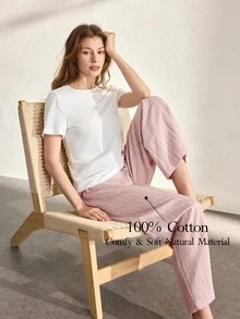 Ocili 女士纯棉舒适T恤和柔软亚麻裤睡衣套装 - 粉色 - 查看 8