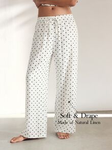 Ocili Women's Comfortable Polka Dot Print Drawstring Waist Textured Pajama Pants - White - View 1