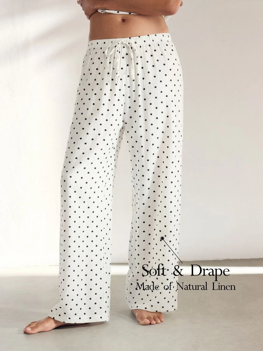 Ocili Women's Comfortable Polka Dot Print Drawstring Waist Textured Pajama Pants - White - View 1