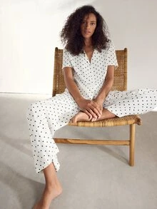 Ocili Women's Comfortable Polka Dot Print Drawstring Waist Textured Pajama Pants - White - View 4