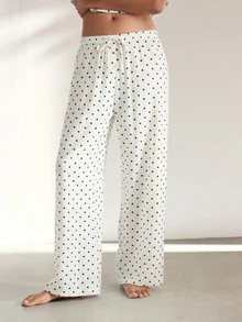 Ocili Women's Comfortable Polka Dot Print Drawstring Waist Textured Pajama Pants - White - View 7