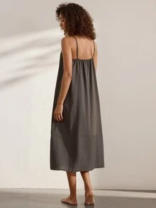 Ocili Comfortable Natural Linen Striped Loose Patchwork Spaghetti Strap Nightgown Women's Loungewear Dress - Coffee Brown - View 3