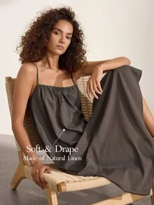 Ocili Comfortable Natural Linen Striped Loose Patchwork Spaghetti Strap Nightgown Women's Loungewear Dress - Coffee Brown - View 1