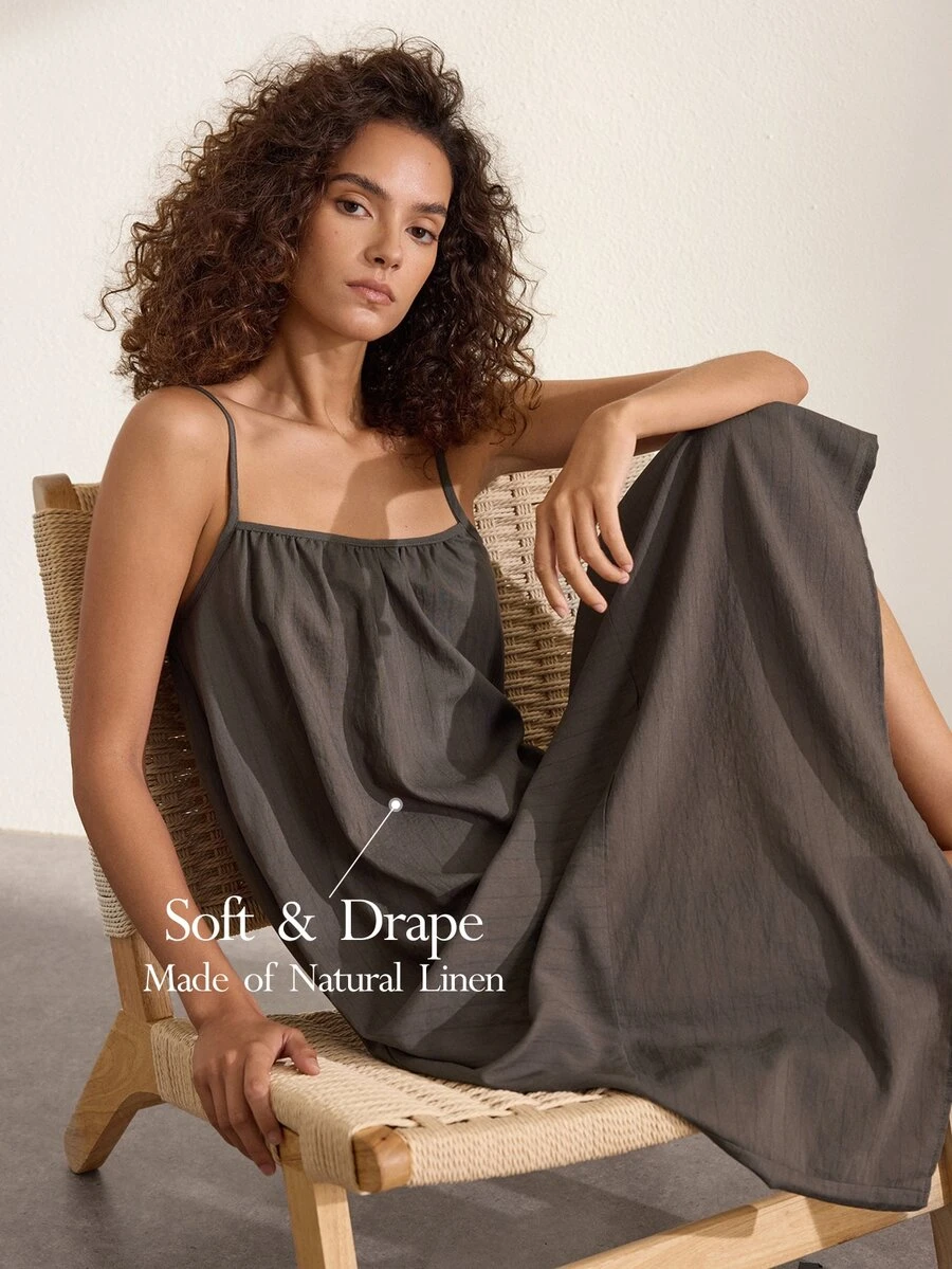 Ocili Comfortable Natural Linen Striped Loose Patchwork Spaghetti Strap Nightgown Women's Loungewear Dress - Coffee Brown - View 1