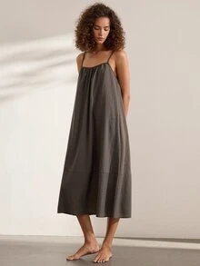 Ocili Comfortable Natural Linen Striped Loose Patchwork Spaghetti Strap Nightgown Women's Loungewear Dress - Coffee Brown - View 4