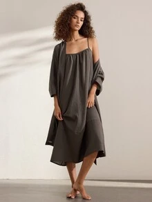 Ocili Comfortable Natural Linen Striped Loose Patchwork Spaghetti Strap Nightgown Women's Loungewear Dress - Coffee Brown - View 5