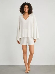Ocili 女士v領喇叭袖家居服上衣 - 米色 - 查看 6