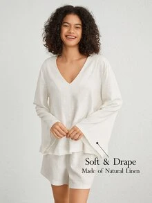 Ocili 女士v領喇叭袖家居服上衣 - 米色 - 查看 1