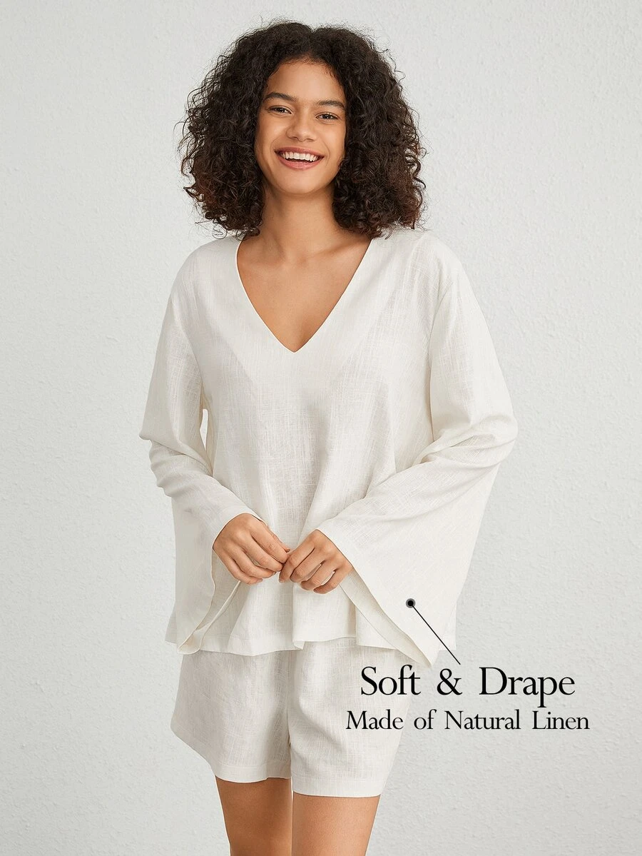 Ocili 女士v領喇叭袖家居服上衣 - 米色 - 查看 1