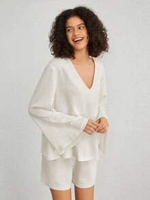 Ocili 女士v領喇叭袖家居服上衣 - 米色 - 查看 5