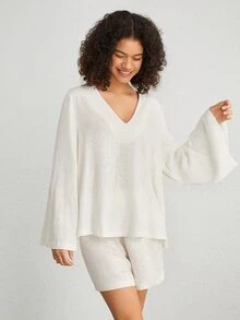 Ocili 女士v領喇叭袖家居服上衣 - 米色 - 查看 3