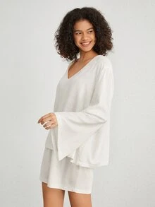 Ocili 女士v領喇叭袖家居服上衣 - 米色 - 查看 4