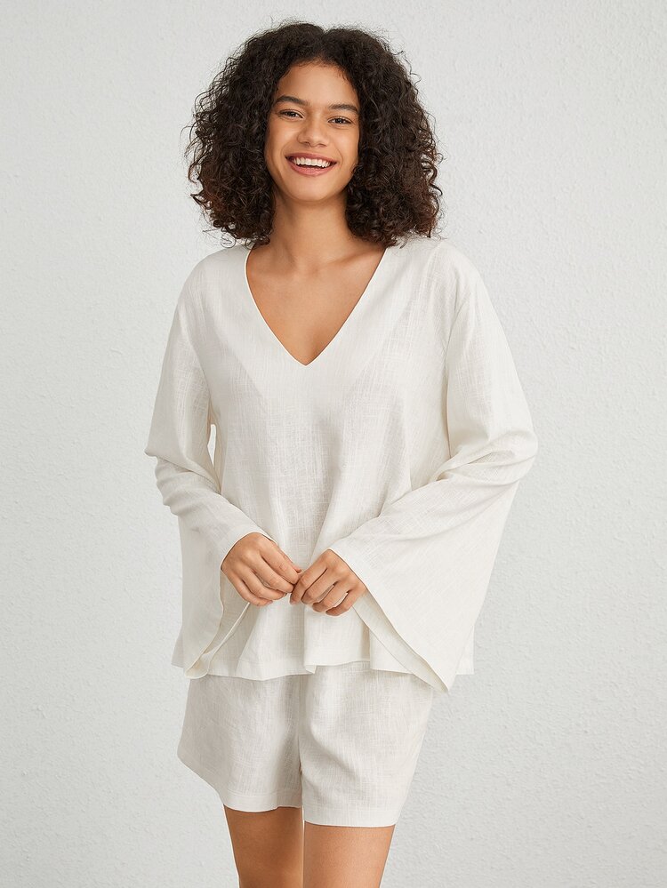 Ocili Leisure Ladies' V-Neck Flare Sleeve Homewear Top - Beige - View 7