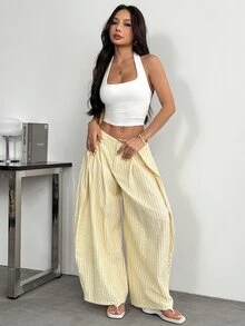 SHEIN PETITE 女款休閒通勤條紋微彎腿長褲 - 黃色 - 查看 6