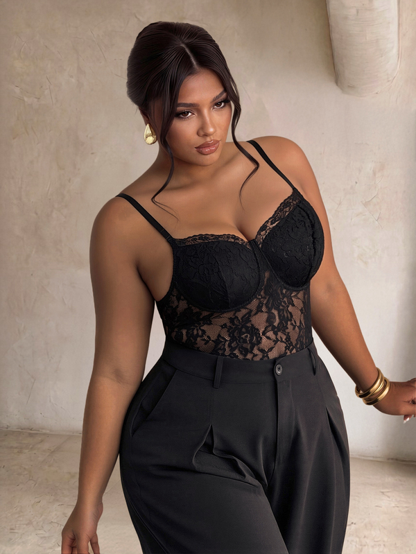 Firerie Camiseta de encaje sexy de talla grande para mujer