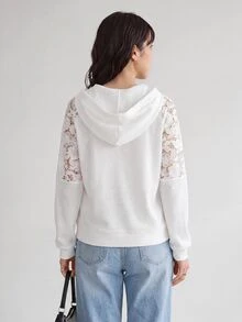 Yumoku 女款秋冬蕾絲拼接交叉設計羅紋休閒連帽衫，長袖上衣，休閒風 - 白色 - 查看 7
