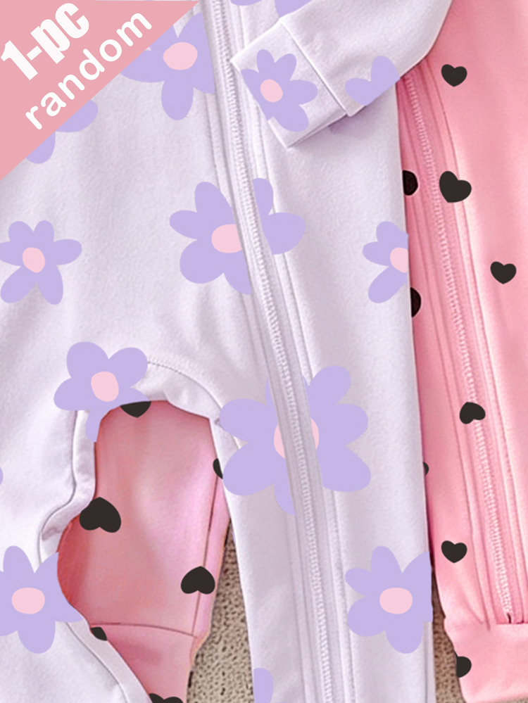 Random 5pcs/1pc Baby Girl Long Sleeve Long Pants Tight Bodysuit Cartoon Cute Cat Heart Star Flower Simple Casual Comfortable Soft Home Wear All Season - Multicolor - View 3