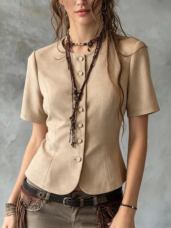 SHEIN Franclia Women's Elegant Khaki Summer Casual Office Collarless Fitted Blazer,Short Sleeve Button Down Waist Cinching Suit Jacket,Minimalist Workwear Outerwear