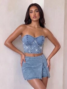 Glamine SHEIN Glamour 女款水鑽裝飾休閒百搭日常牛仔抹胸上衣 - 藍色 - 查看 7