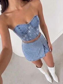 Glamine SHEIN Glamour 女款水鑽裝飾休閒百搭日常牛仔抹胸上衣 - 藍色 - 查看 4