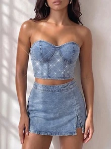 Glamine SHEIN Glamour 女款水鑽裝飾休閒百搭日常牛仔抹胸上衣 - 藍色 - 查看 3