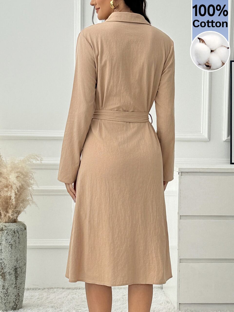 Middle-Aged Women Solid Color Long Sleeve Single-Breasted Pleated Design Shirt Dress