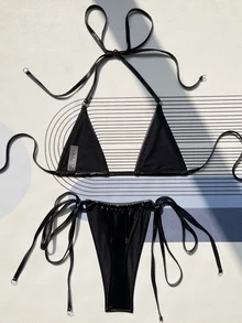 Swim SXY Summer Beach Tie Side Halter Micro Triangle Bikini Set - Black - View 3