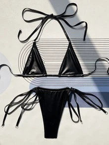Swim SXY Summer Beach Tie Side Halter Micro Triangle Bikini Set - Black - View 5