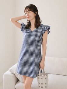 SHEIN LUNE Gingham Ruffle Cuff Tunic Dress - Blue and White - View 1