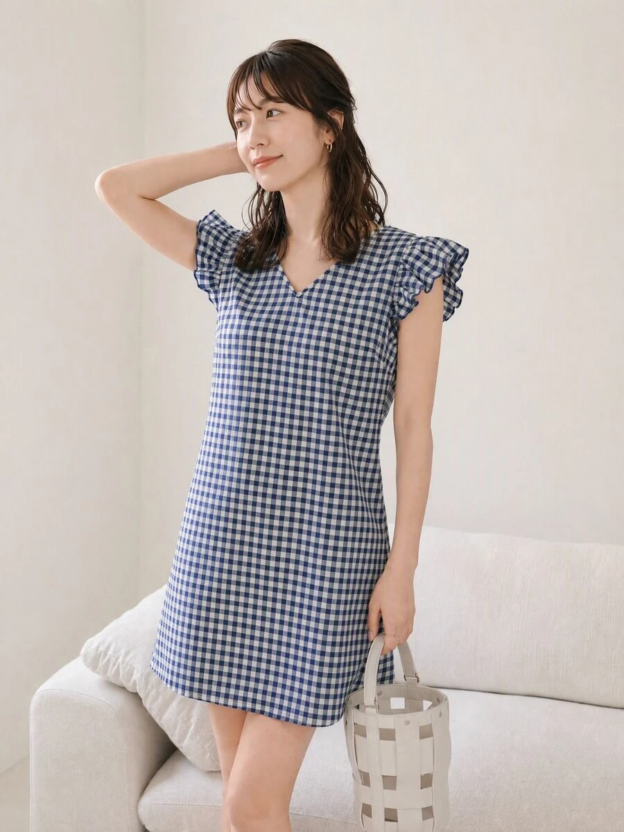 SHEIN LUNE Gingham Ruffle Cuff Tunic Dress - Blue and White - View 1