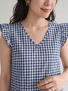 SHEIN LUNE Gingham Ruffle Cuff Tunic Dress - Blue and White - View 6