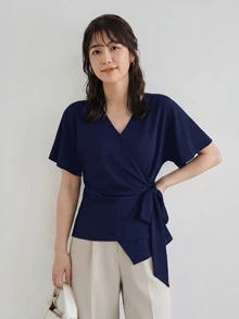 SHEIN LUNE 蝙蝠袖側綁結式包覆上衣，休閒風 - 藏蓝色 - 查看 4