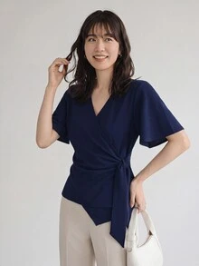 SHEIN LUNE 蝙蝠袖側綁結式包覆上衣，休閒風 - 藏蓝色 - 查看 6