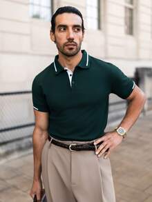 YOUESAWY YOUESAWY Men Summer Casual Colorblock Short Sleeve Polo Shirt, Green , Formal, Ceremony - Dark Green - View 3