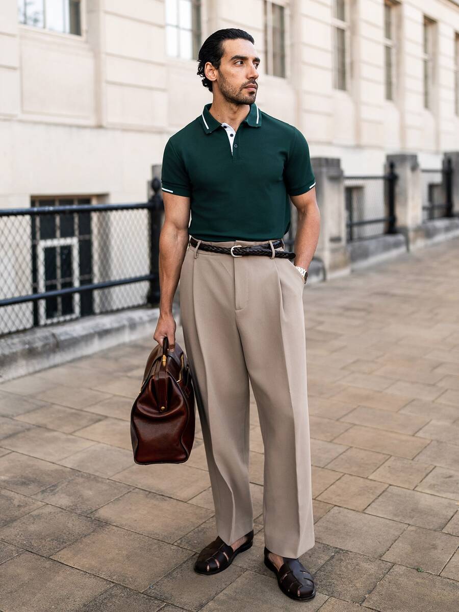 YOUESAWY YOUESAWY Men Summer Casual Colorblock Short Sleeve Polo Shirt, Green , Formal, Ceremony - Dark Green - View 1