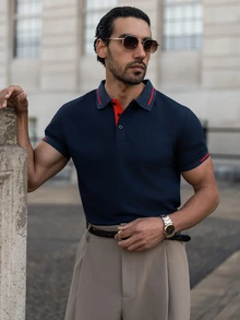 YOUESAWY YOUESAWY Men's Short Sleeve Polo Shirt, Button Up Collar Color Block Golf Business Shirt For Husband, Formal - Navy Blue - View 1