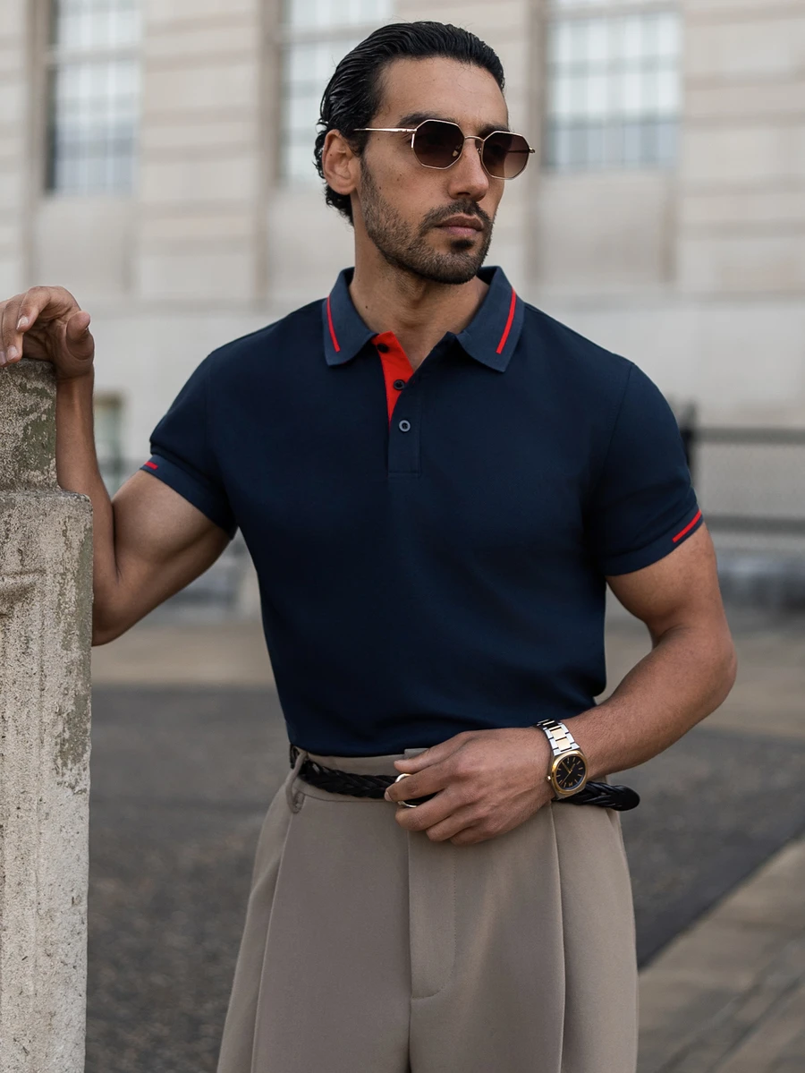 YOUESAWY YOUESAWY Men's Short Sleeve Polo Shirt, Button Up Collar Color Block Golf Business Shirt For Husband, Formal - Navy Blue - View 1