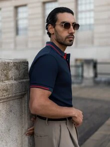 YOUESAWY YOUESAWY Men's Short Sleeve Polo Shirt, Button Up Collar Color Block Golf Business Shirt For Husband, Formal - Navy Blue - View 4