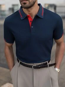 YOUESAWY YOUESAWY Men's Short Sleeve Polo Shirt, Button Up Collar Color Block Golf Business Shirt For Husband, Formal - Navy Blue - View 5