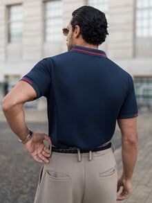 YOUESAWY YOUESAWY Men's Short Sleeve Polo Shirt, Button Up Collar Color Block Golf Business Shirt For Husband, Formal - Navy Blue - View 2